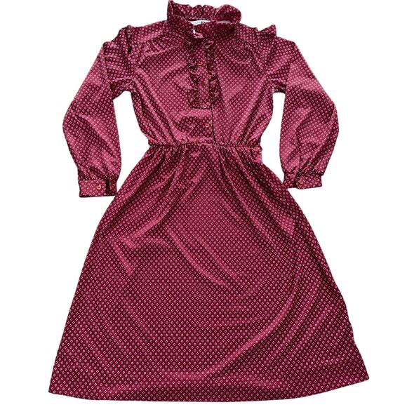 VTG 70s Sears Polyester Red Patterned Ruffle Dress size 8p USA UNION MADE - Picture 1 of 11